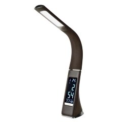 TLD-542 Brown-LED-300Lm-5000K-Dimmer Светильник настольный c часами, календарем, термометром, 5W, Сенсорный выключатель, Коричневый стилизован под кожу.