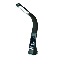 TLD-542 Black-LED-300Lm-5000K-Dimmer Светильник настольный c часами, календарем, термометром, 5W, Сенсорный выключатель, Черный стилизован под кожу.