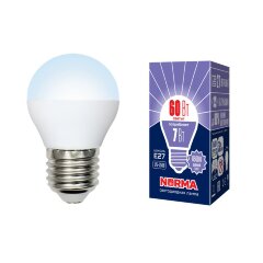 LED-G45-7W-DW-E27-FR-NR Лампа светодиодная, Форма шар, матовая, Серия Norma, Дневной белый свет 6500K, Картон, ТМ Volpe