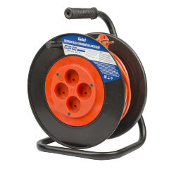YX10-004 -UCK-4N-2x1.00-40M-S ORANGE-BLACK Удлинитель силовой на пластиковой катушке, б-з, 4 гнезда, 40м ПВС 2х1, 10A, Оранжевый-черный, TМ Uniel