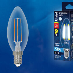 LED-C35-9W-4000K-E14-CL PLS02WH Лампа светодиодная, Форма свеча, прозрачная, Серия Sky, Белый свет 4000К.