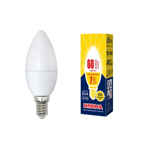 LED-C37-7W-WW-E14-FR-NR Лампа светодиодная, Форма свеча, матовая, Серия Norma, Теплый белый свет 3000K, Картон, ТМ Volpe - фото 1