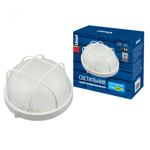 UWL-R02 100W-E27 IP54 WHITE Kруг-Решетка Светильник влагозащищенный под лампу Е27, ТМ Uniel. - фото 1