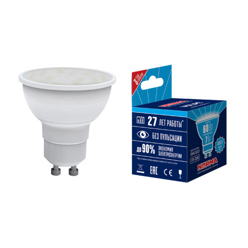 LED-JCDR-7W-NW-GU10-NR Лампа светодиодная, Форма JCDR, матовая, Серия Norma, Белый свет 4000K, Картон, ТМ Volpe - фото 1