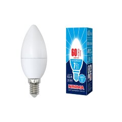 LED-C37-7W-NW-E14-FR-NR Лампа светодиодная, Форма свеча, матовая, Серия Norma, Белый свет 4000K, Картон, ТМ Volpe