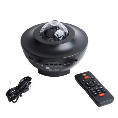 ULI-Q333 6W-RGBW BLACK Светодиодный светильник-проектор с Bluetooth, Проекция Звездное небо, Встроенный MP3 проигрыватель, 2 колонки, USB разъем, Пульт ДУ в-к, Черный, ТМ Volpe