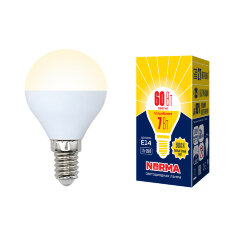 LED-G45-7W-WW-E14-FR-NR Лампа светодиодная, Форма шар, матовая, Серия Norma, Теплый белый свет 3000K, Картон, ТМ Volpe