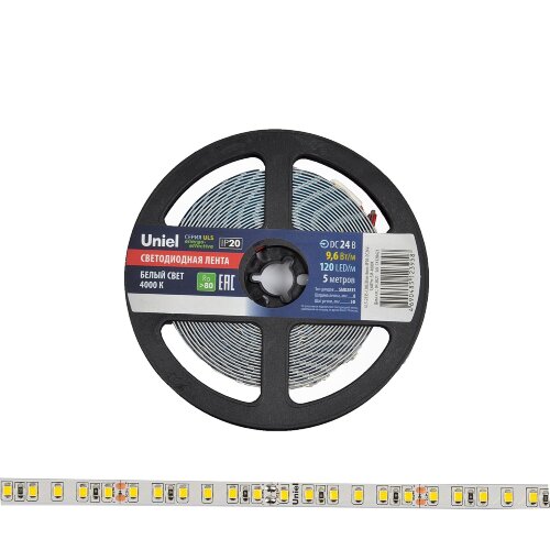 ULS-2835-120LED-m-8mm-IP20-DC24V-9.6W-m-5M-4000K Гибкая светодиодная лента на самоклеящейся основе, Катушка 5 м, в герметичной упаковке, Белый свет 4000K, ТМ Uniel. - фото 4