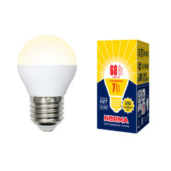 LED-G45-7W-WW-E27-FR-NR Лампа светодиодная, Форма шар, матовая, Серия Norma, Теплый белый свет 3000K, Картон, ТМ Volpe