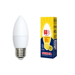 LED-C37-7W-WW-E27-FR-NR Лампа светодиодная, Форма свеча, матовая, Серия Norma, Теплый белый свет 3000K, Картон, ТМ Volpe