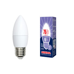 LED-C37-9W-DW-E27-FR-NR Лампа светодиодная, Форма свеча, матовая, Серия Norma, Дневной белый свет 6500K, Картон, ТМ Volpe
