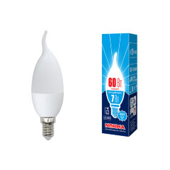 LED-CW37-7W-NW-E14-FR-NR Лампа светодиодная, Форма свеча на ветру, матовая, Серия Norma, Белый свет 4000K, Картон, ТМ Volpe