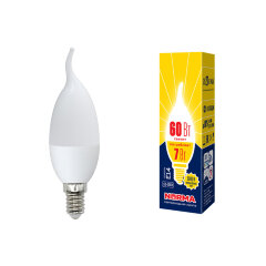 LED-CW37-7W-WW-E14-FR-NR Лампа светодиодная, Форма свеча на ветру, матовая, Серия Norma, Теплый белый свет 3000K, Картон, ТМ Volpe