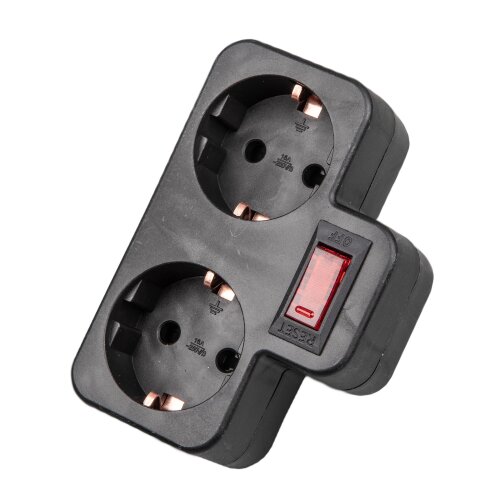 S-GES2-16PB BLACK Разветвитель сетевой с выключателем, с-з, 2 гнезда, 16А, 3500Вт, Черный, ТМ Uniel - фото 1