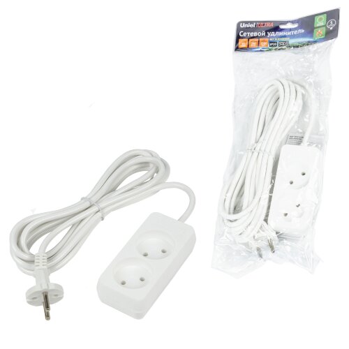 S-CU2-5 WHITE Удлинитель серии Ultra, шнур 5м., 2 гнезда, 10A, б-з, Белый, TM Uniel - фото 3