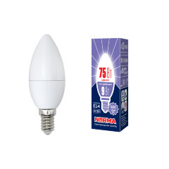 LED-C37-9W-DW-E14-FR-NR Лампа светодиодная, Форма свеча, матовая, Серия Norma, Дневной белый свет 6500K, Картон, ТМ Volpe